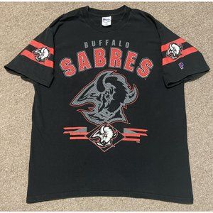 Vintage 90s XL Buffalo Sabres GOAT Head NHL Hockey AOP Graphic Print T-Shirt